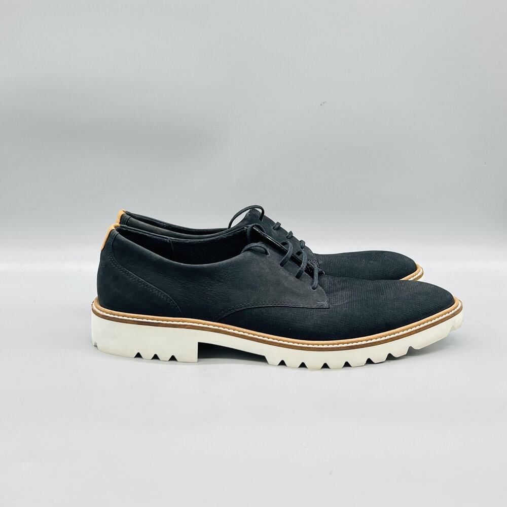 ECCO Shoes Women 10.5 Black Leather Oxford Flats Lace Up Lug Sole Casual Comfort